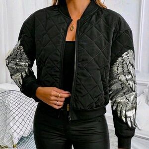 Black Quilted Jacket with Silver Wing Accents